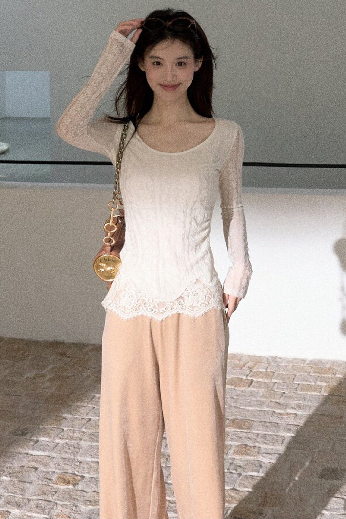 Jacquard Spliced Lace Knit Top
