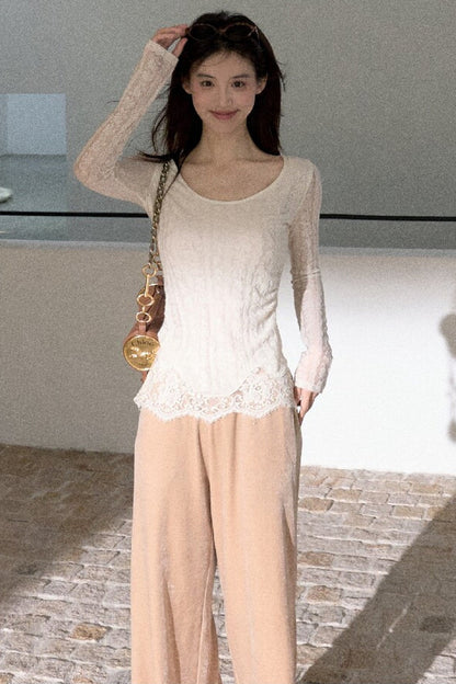 Jacquard Spliced Lace Knit Top