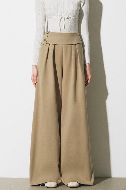 Dünne Wollhose mit asymmetrischem Bund und weitem Bein