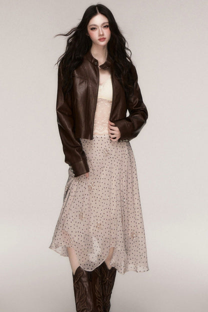 Brown Stand-Up Collar PU Leather Jacket