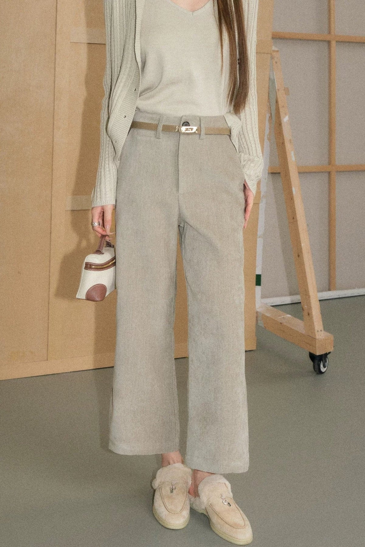 Oatmeal Knit Cardigan and Wide-Leg Pants Set-Up