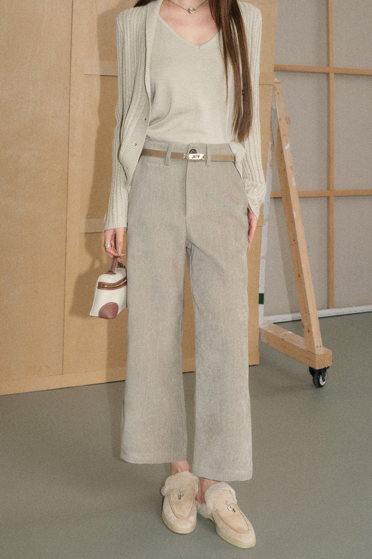 Oatmeal Knit Cardigan and Wide-Leg Pants Set-Up