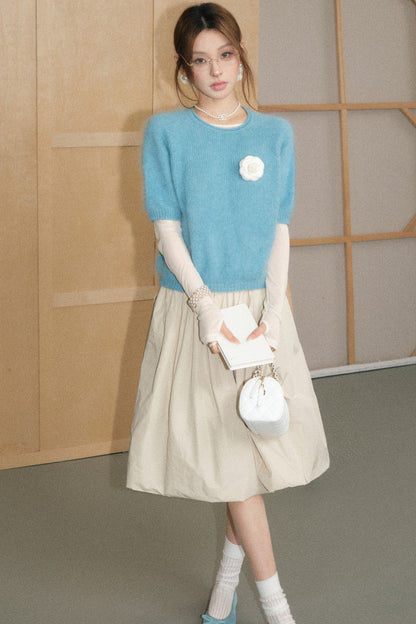 Mid-Sleeve Brushed Wool Pullover Top and A-Line Skirt Set-Up