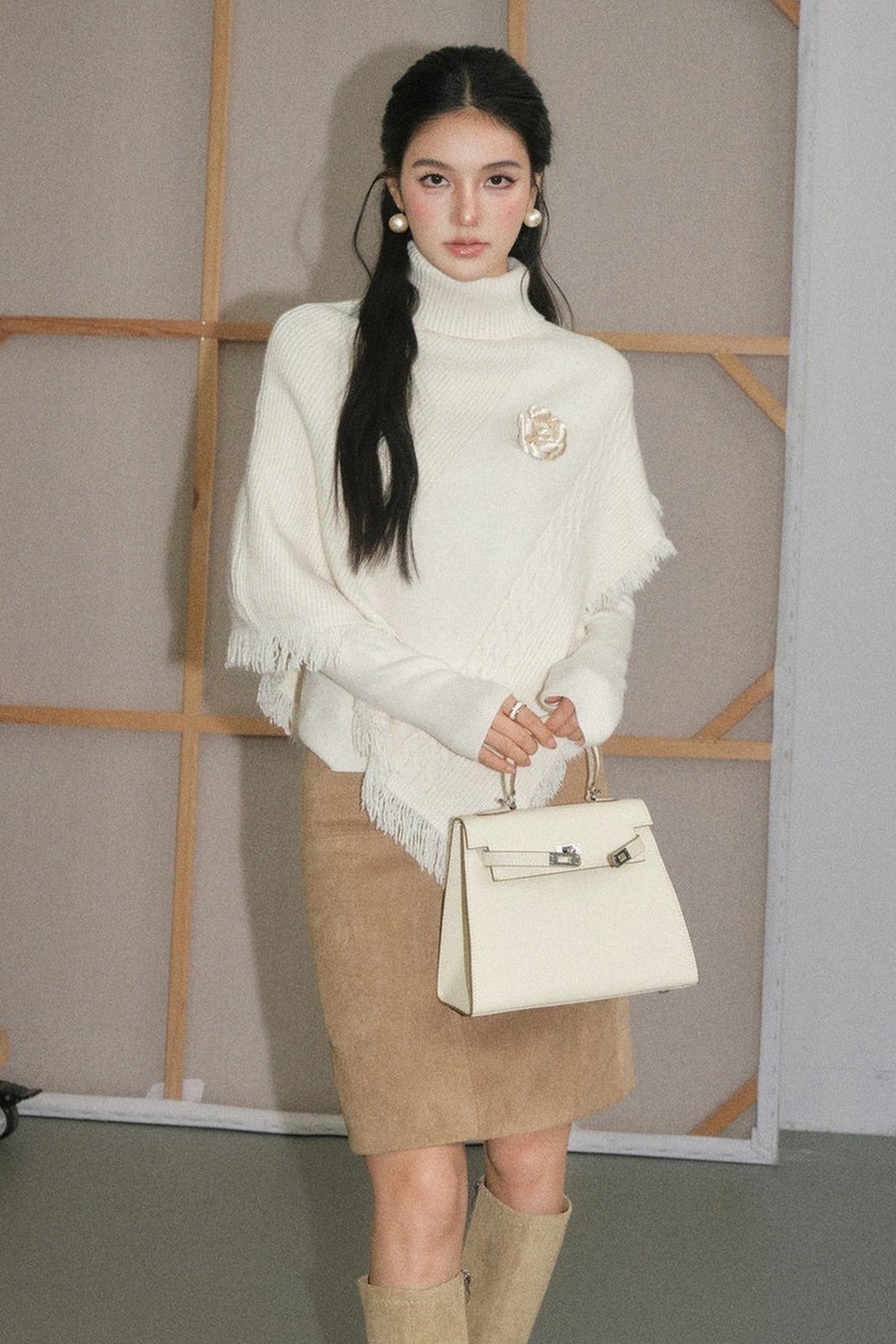 Cream White Tassel Cape Shawl Sweater and Skirt Set-Up