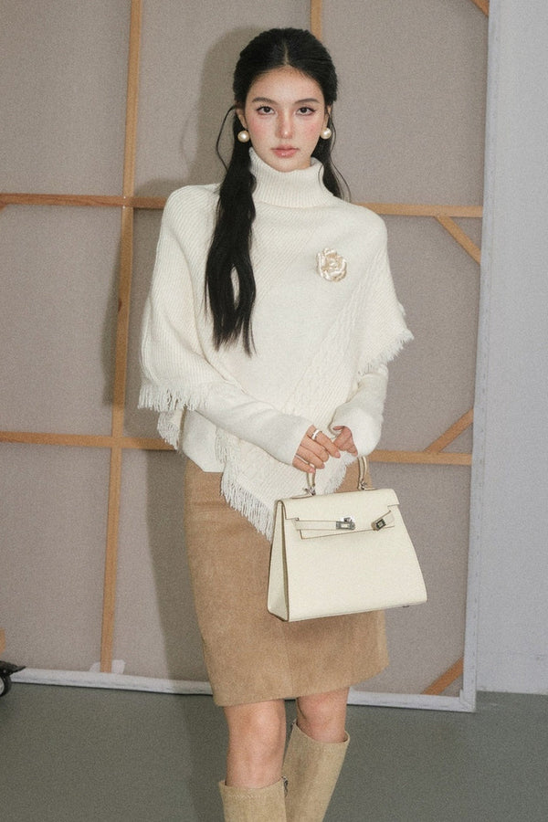 Cream White Tassel Cape Shawl Sweater and Skirt Set-Up