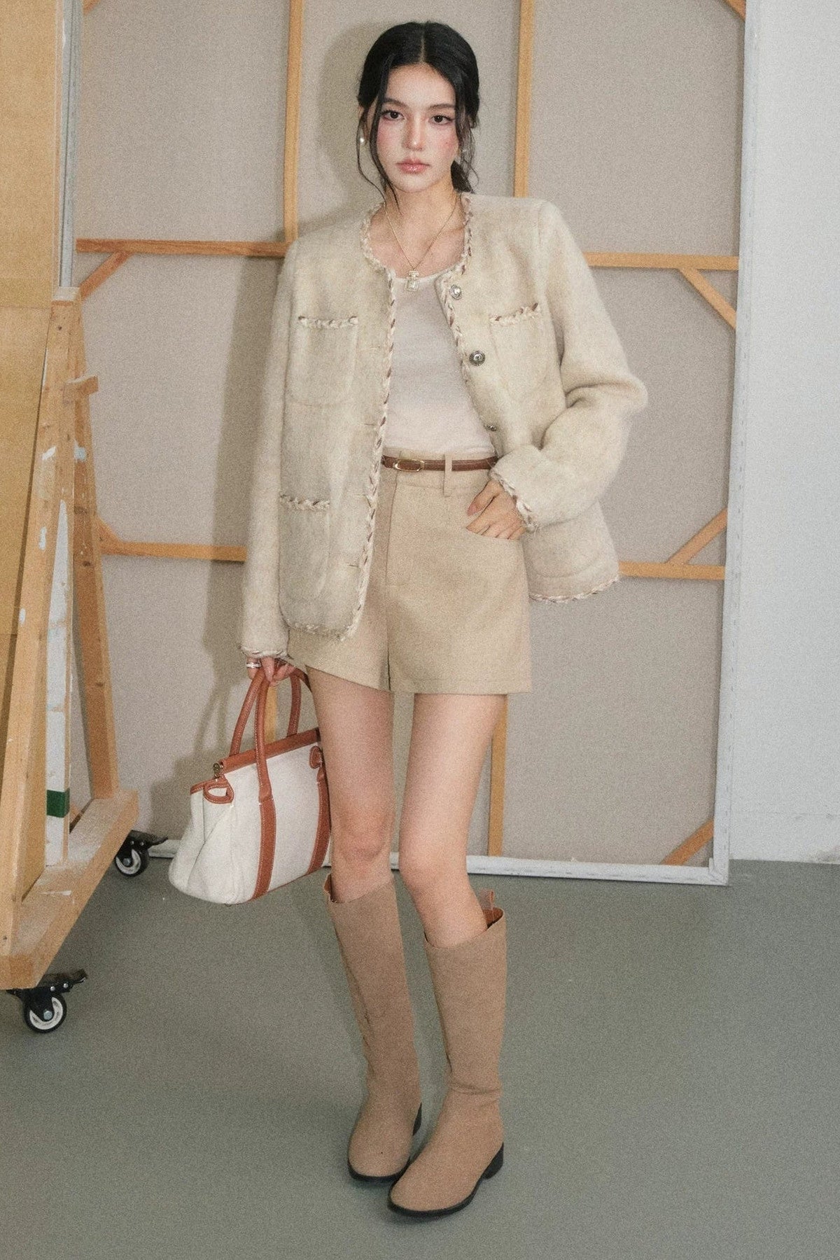 Wool Jacket and Straight Leg Shorts Set-Up