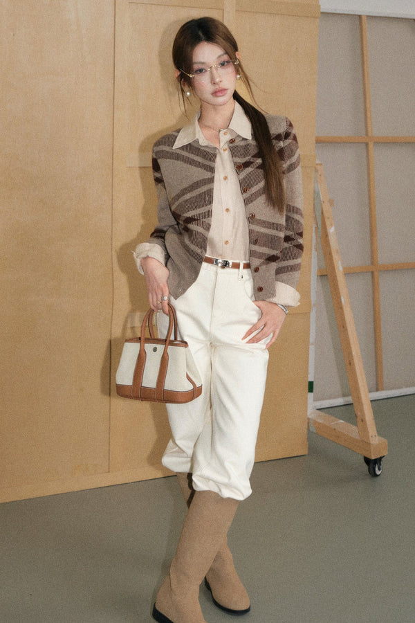 Coffee Plaid Wool Cardigan, Shirt and Pants Set-Up