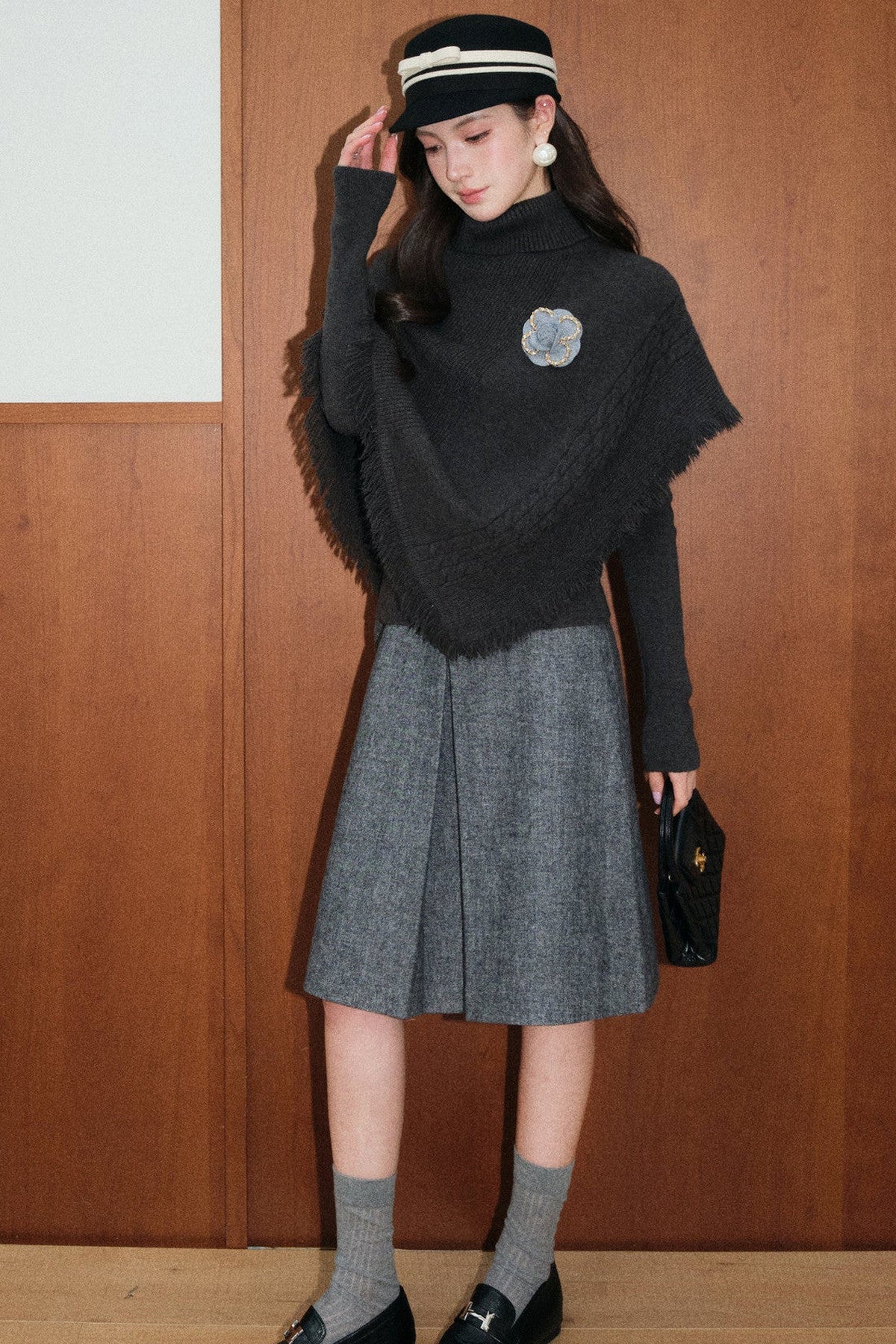 Tassel Cape Shawl Sweater and Skirt Set