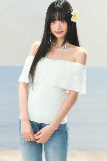 Lace Splicing One-Shoulder Top