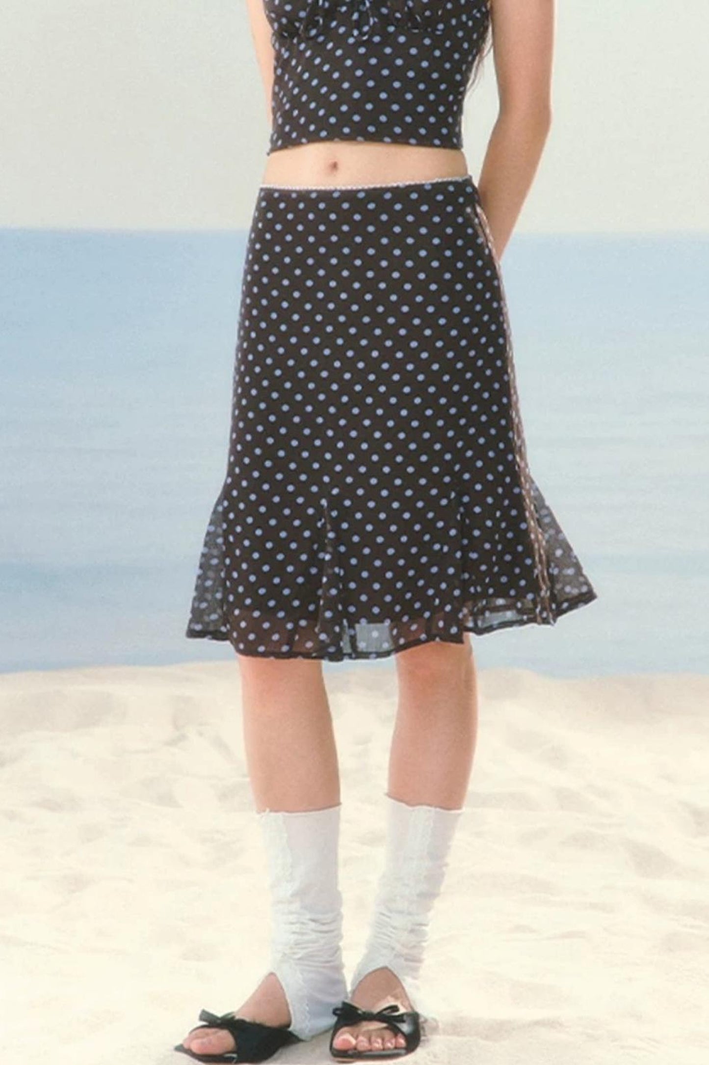 High-Waisted Chiffon Polka Dot Fishtail Skirt