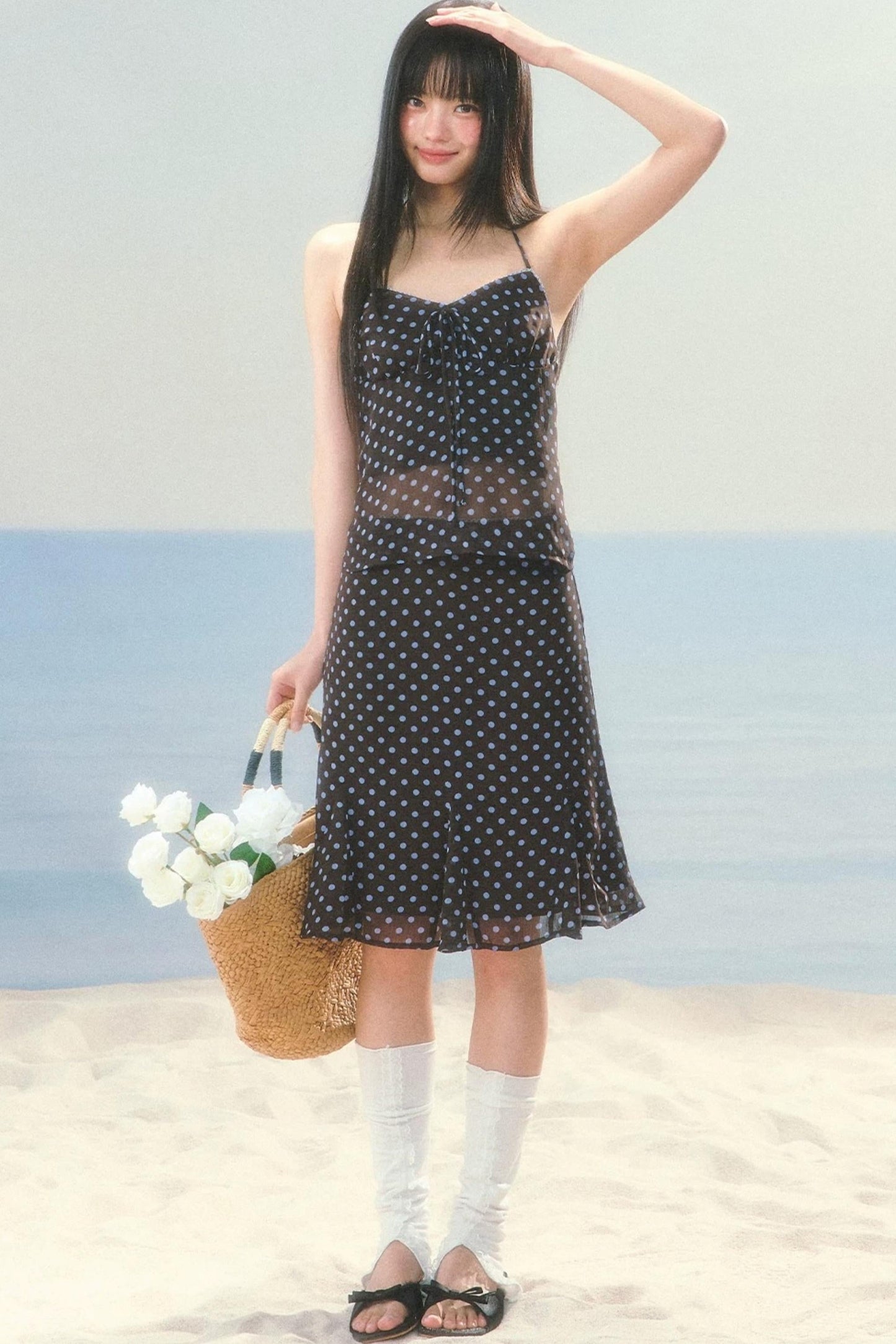 High-Waisted Chiffon Polka Dot Fishtail Skirt