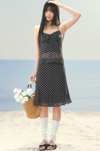 High-Waisted Chiffon Polka Dot Fishtail Skirt