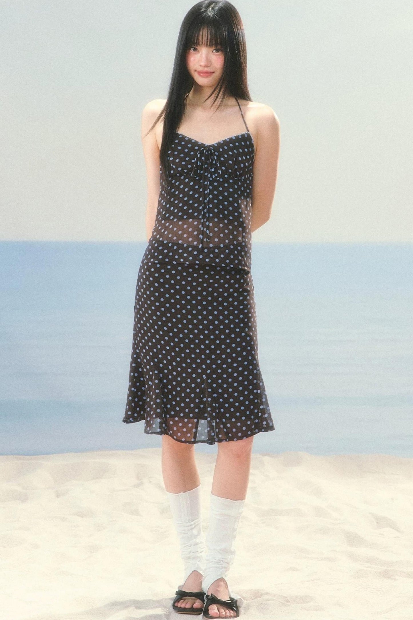High-Waisted Chiffon Polka Dot Fishtail Skirt