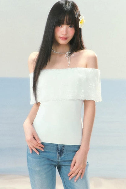 Lace Splicing One-Shoulder Top