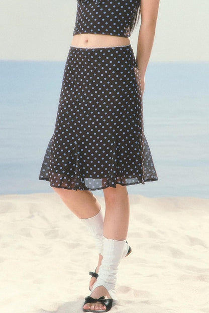 High-Waisted Chiffon Polka Dot Fishtail Skirt