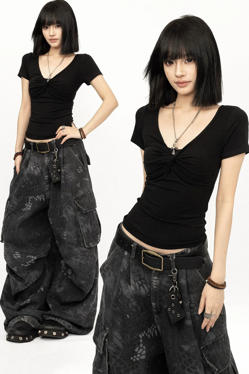 Top Y2K nero con scollo a V