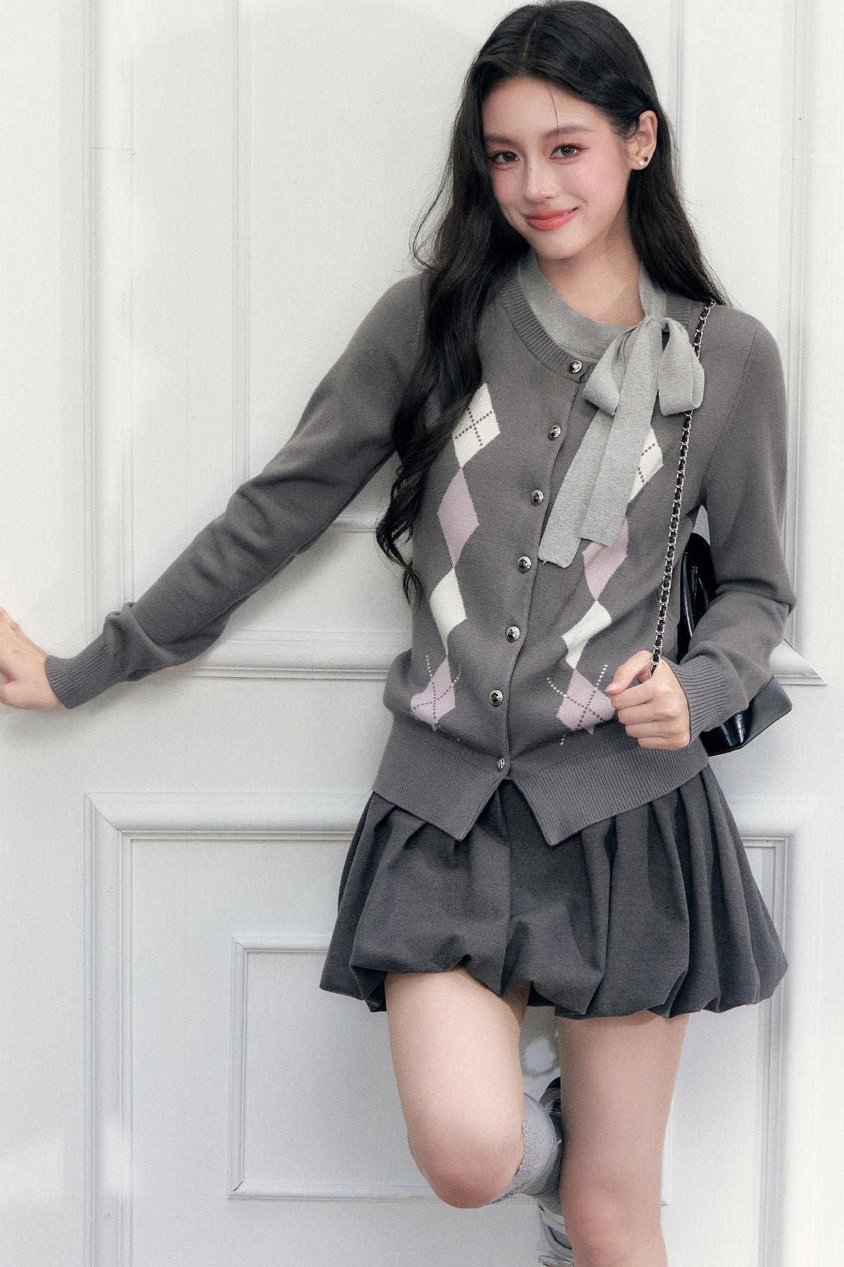 Layered-Look Argyle Sweater And Skirt Set-Up