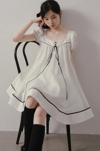 White A-Line Puff Sleeve Contrast Piping Dress