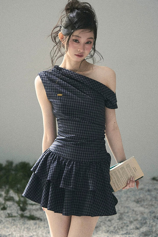 Moonlight Plaid Off-Shoulder Dress