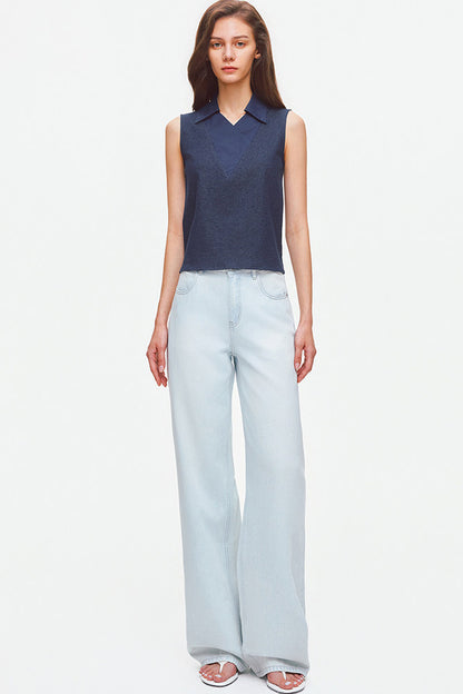 Layered-Look Polo Collar Sleeveless Top