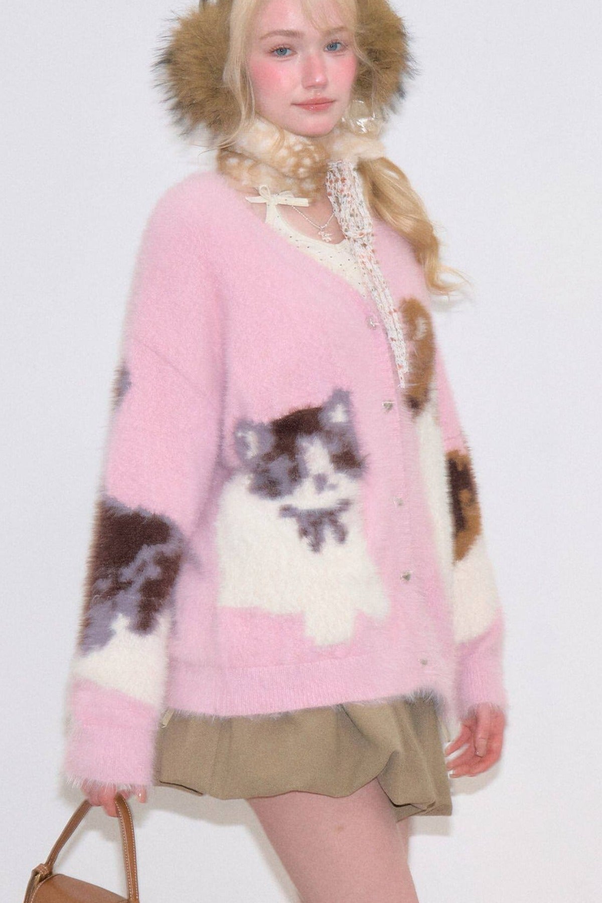 Pink Cat Knit Cardigan