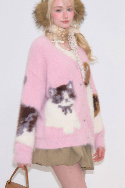 Pink Cat Knit Cardigan