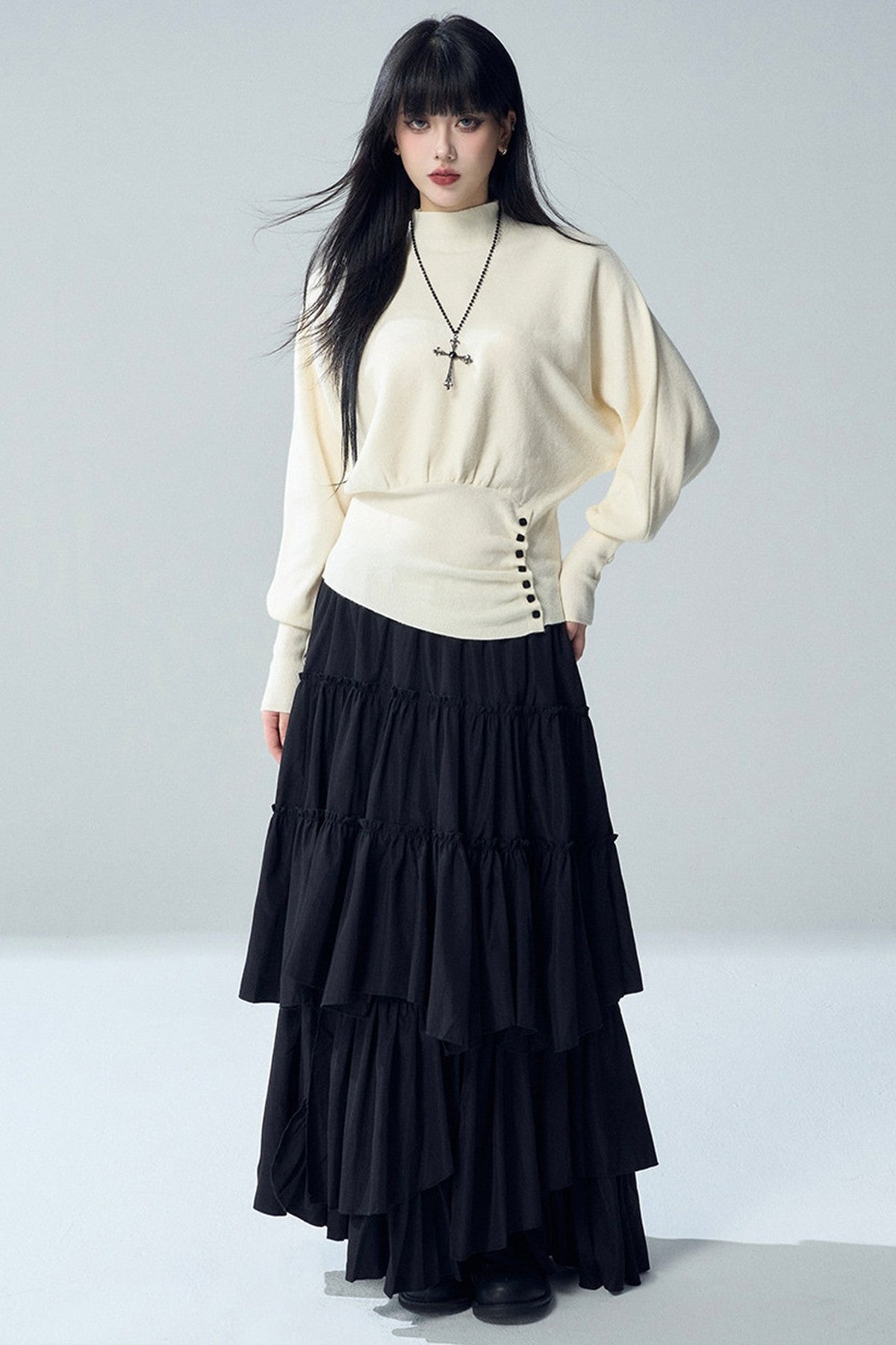 Black Irregular Ruffle Skirt