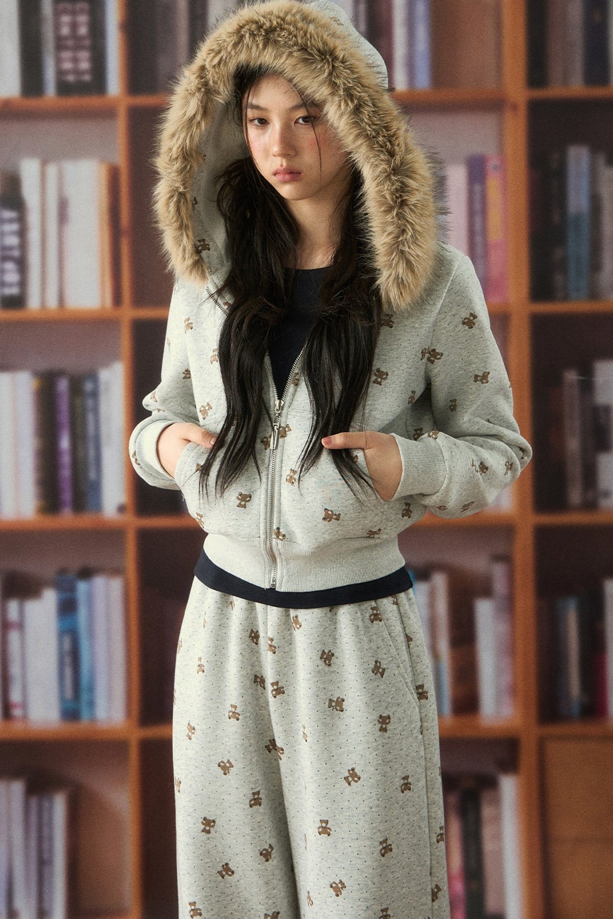 Bear Print Hooded Top and Pants Set-Up