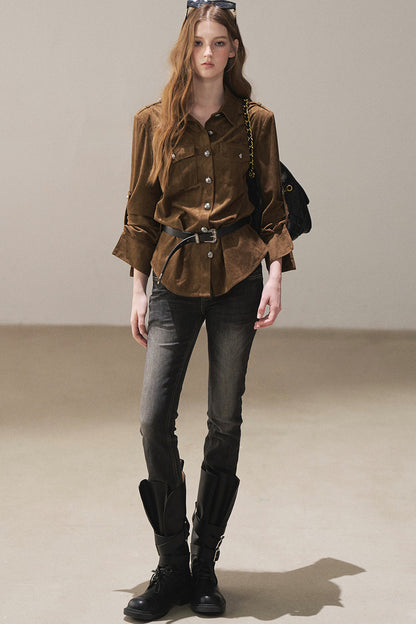 Brown Faux Suede Shirt Jacket