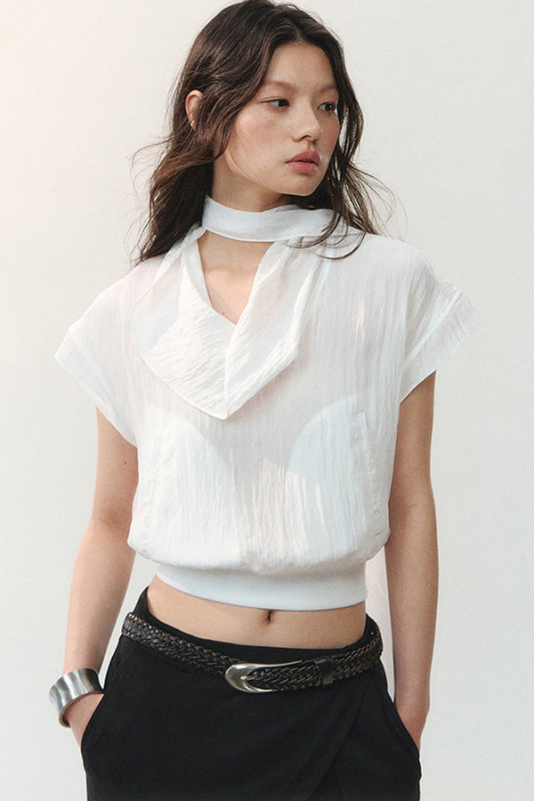 Drape Collar Short Sleeve Shirt With Tie
