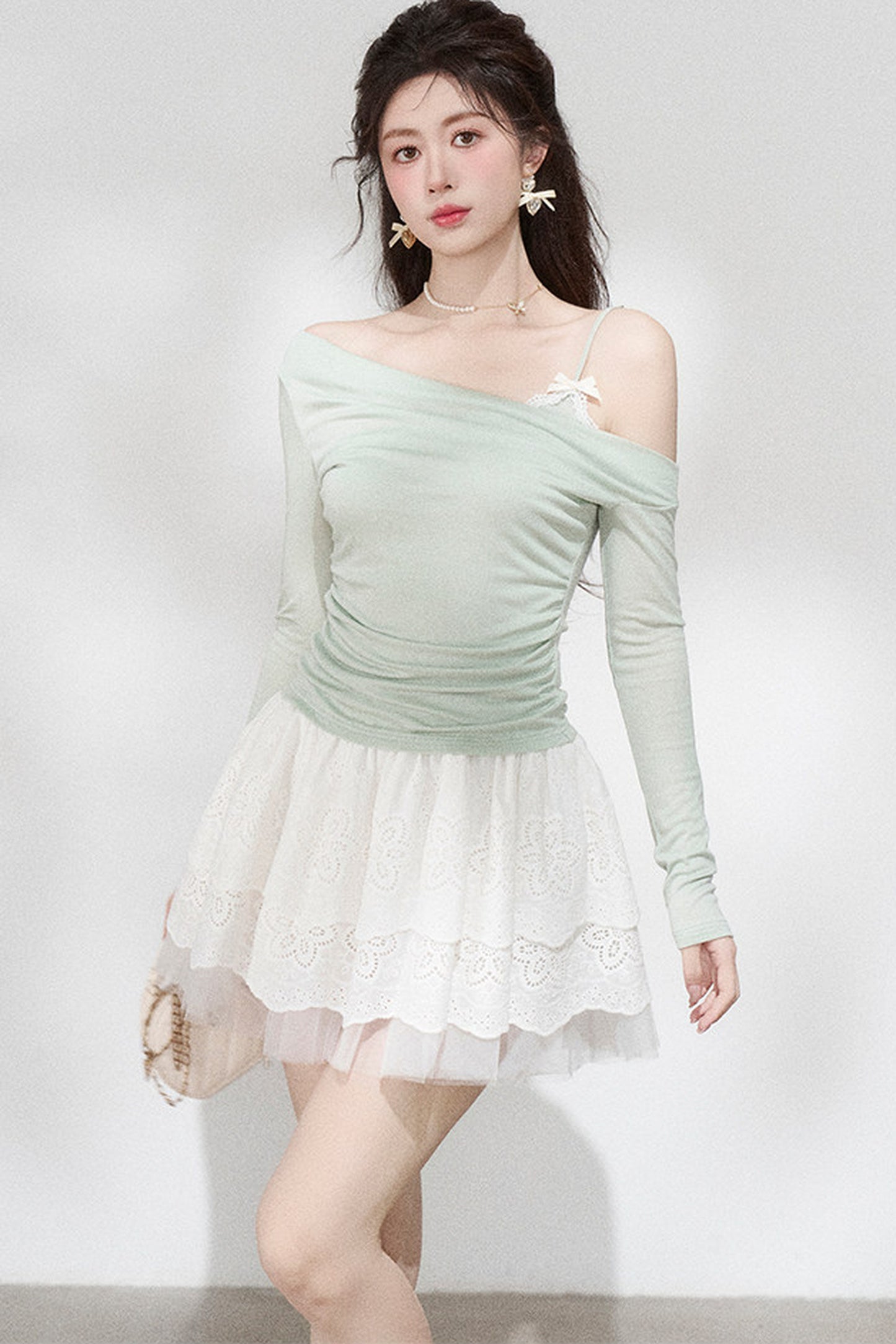 Green Off-Shoulder Pleated Knit Top and Skirt Set-Up