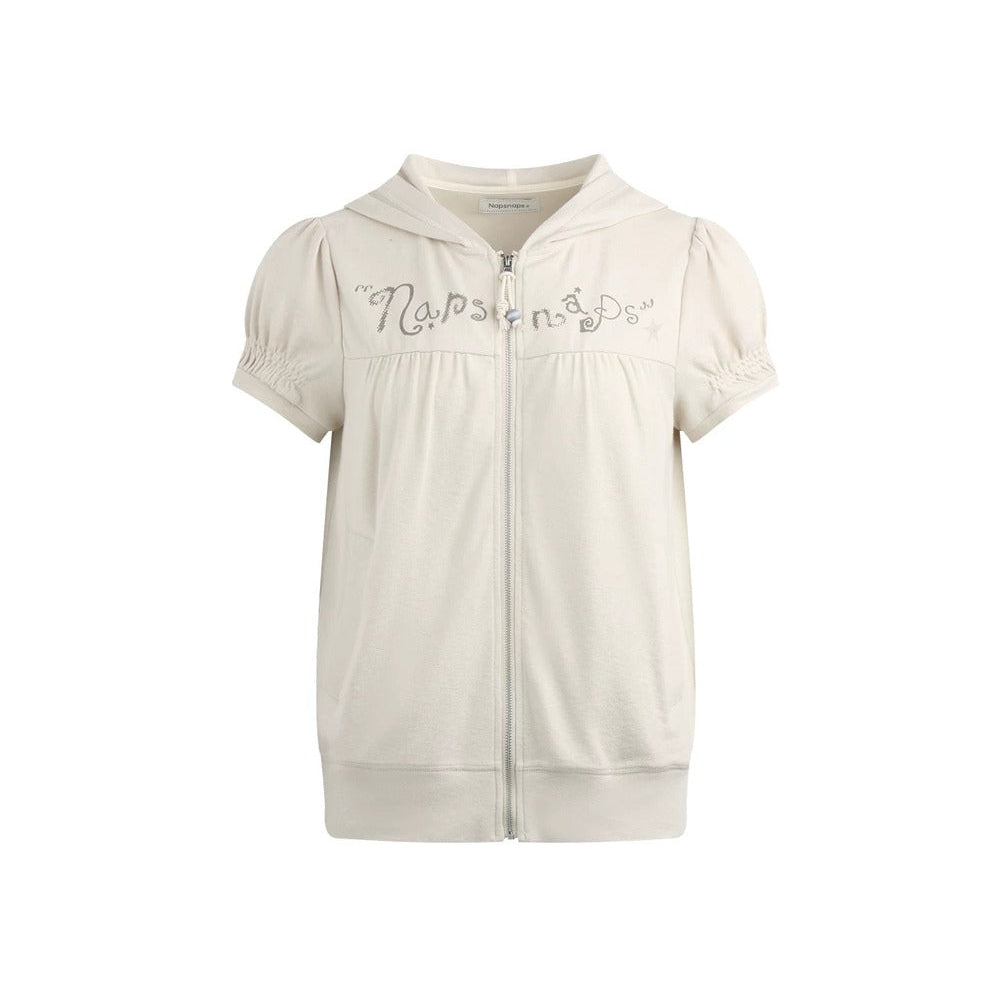 Printed Hooded Oatmeal Short-Sleeve Sweatshirt