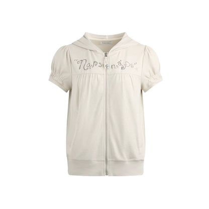 Printed Hooded Oatmeal Short-Sleeve Sweatshirt