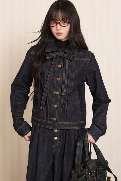 Washed Denim Lapel Tie Jacket