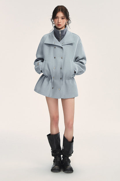 Blue Oversized Dropped Shoulder Double-Breasted Woolen Jacket