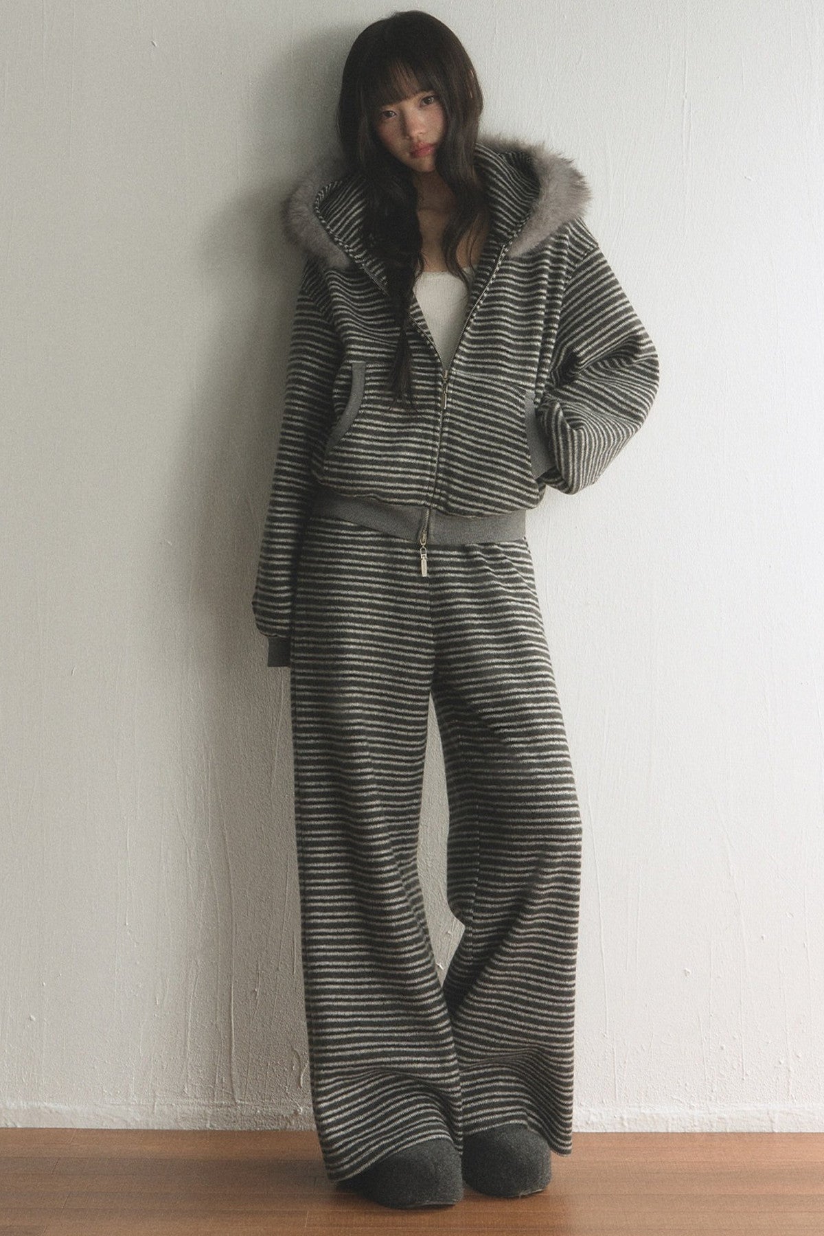 Striped Fur Collar Hooded Top and Pants Set-Up