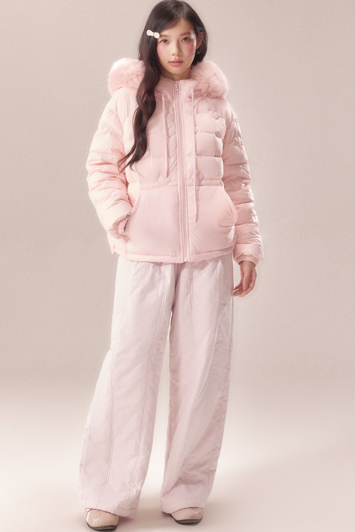 Heart Quilted Fur Collar Hooded Jacket