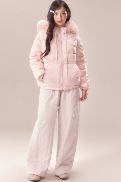 Heart Quilted Fur Collar Hooded Jacket