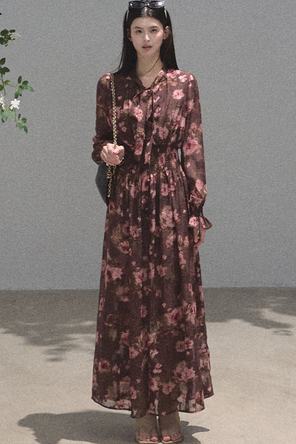 Long Sleeve Chiffon Floral Tie Waist Dress