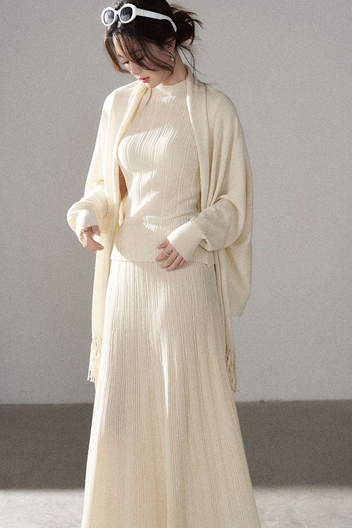 Turtleneck Sweater Long Skirt Shawl Cardigan Set