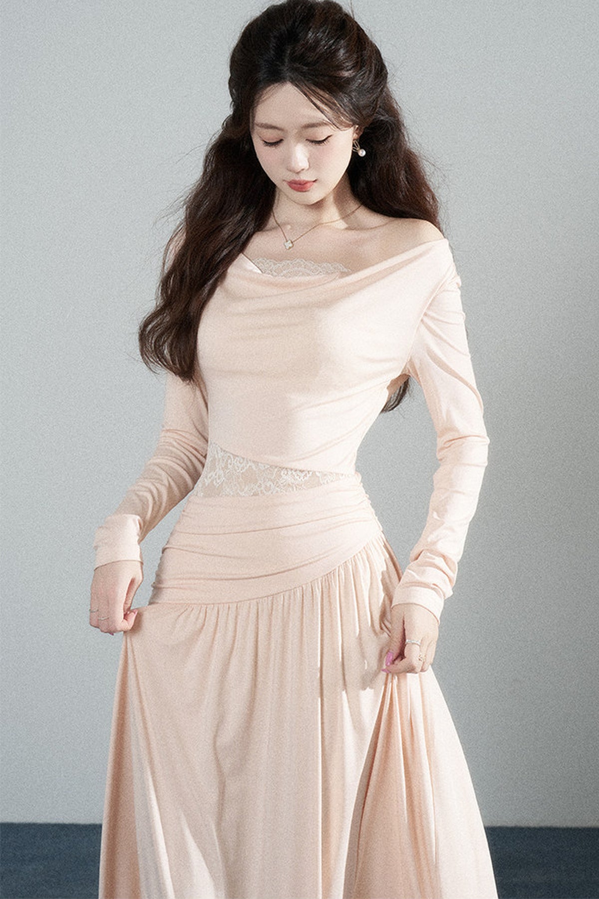 Pink Drape Neck Knit Long Dress