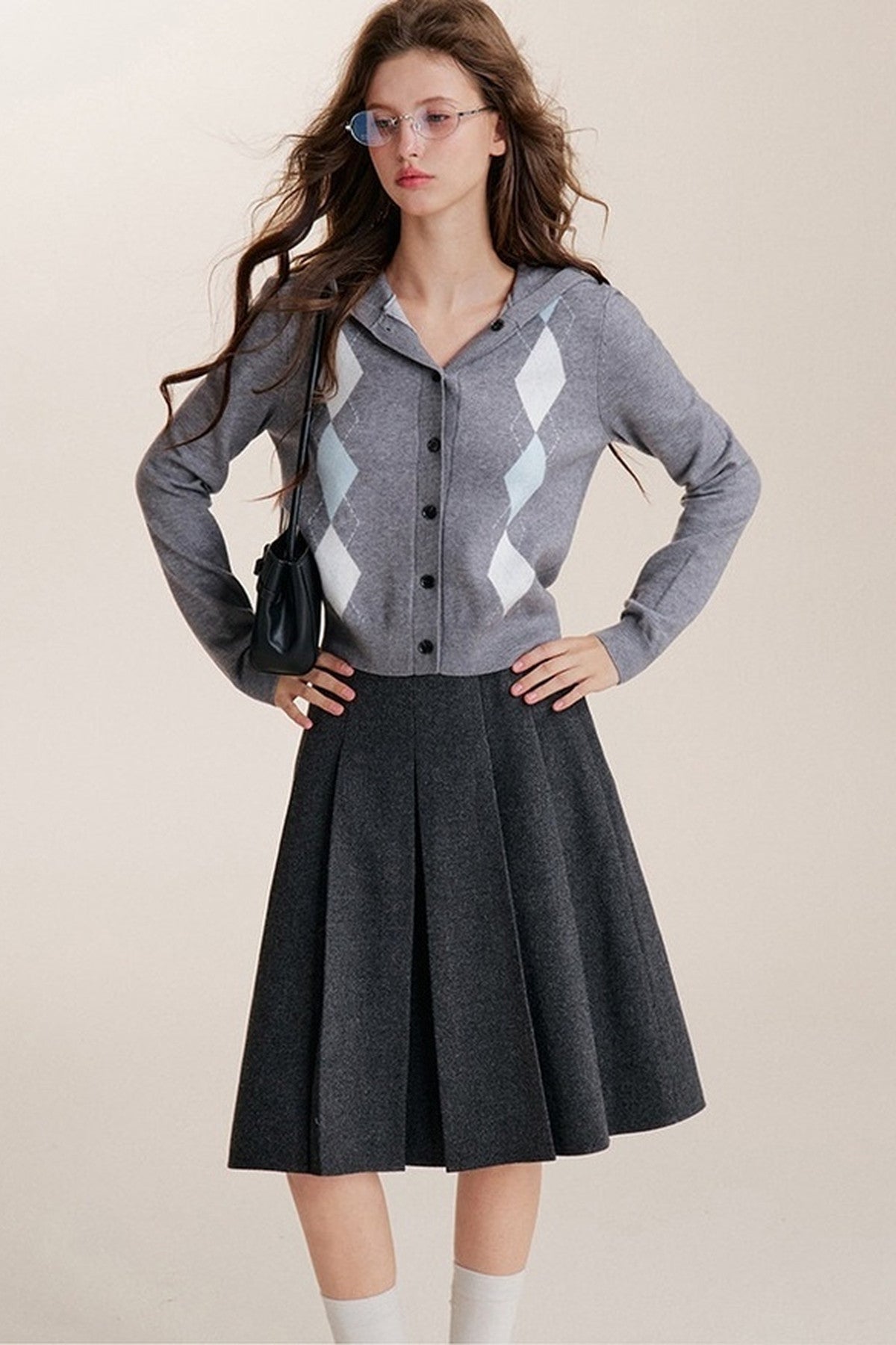 Cardigan con cappuccio a maniche lunghe, monopetto e fantasia a rombi