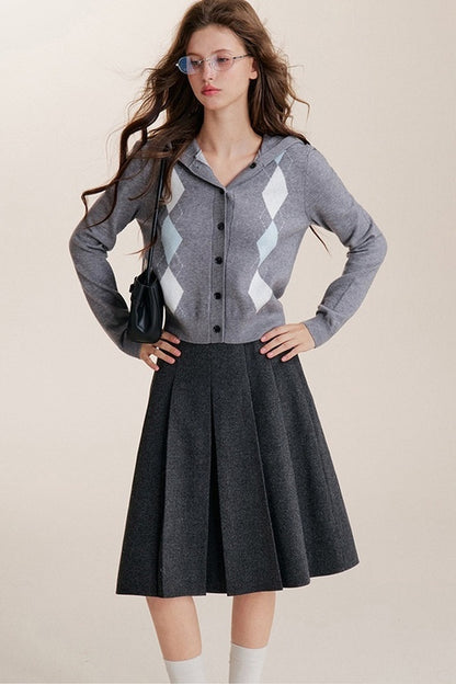 Cardigan con cappuccio a maniche lunghe, monopetto e fantasia a rombi