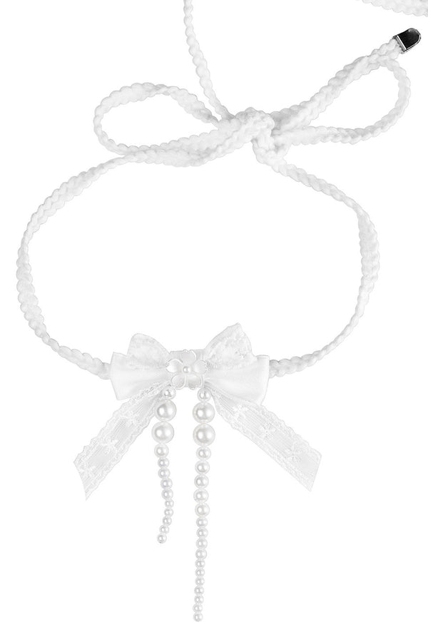 White Lace Bow Pearl Tie Choker Necklace