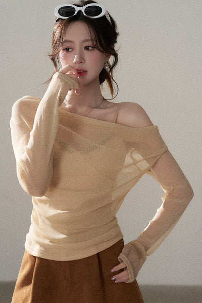 Off-Shoulder Rhinestone Knit Top and Skirt Set-Up