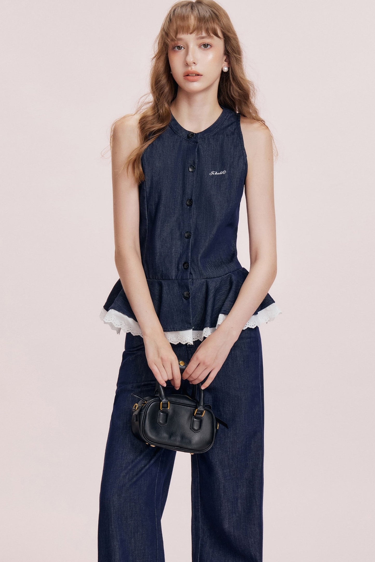 French Ruffle Denim Vest and Wide-Leg Pants Set-Up