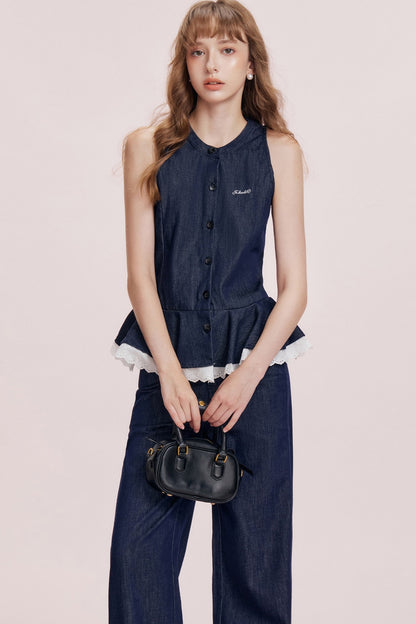 French Ruffle Denim Vest and Wide-Leg Pants Set-Up