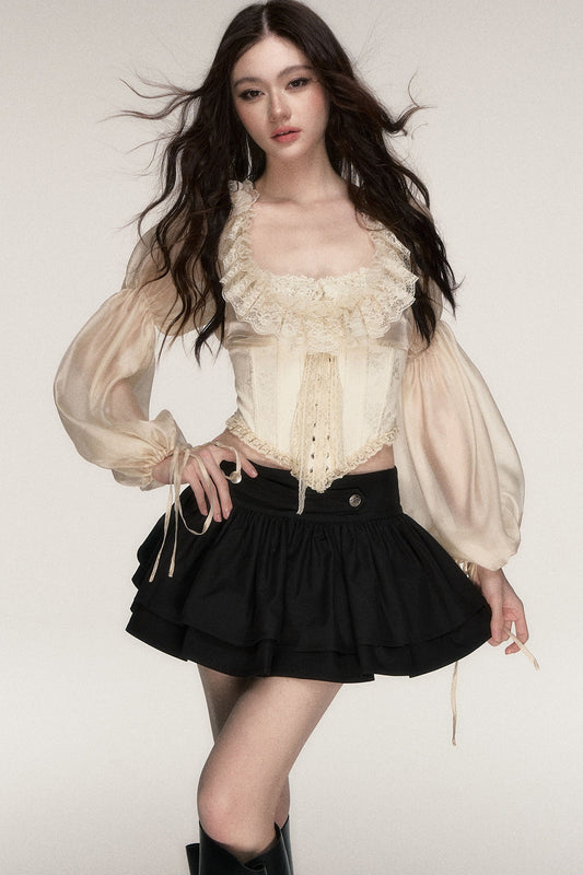 Beige Lace Jacquard Corset Lace-Up Top