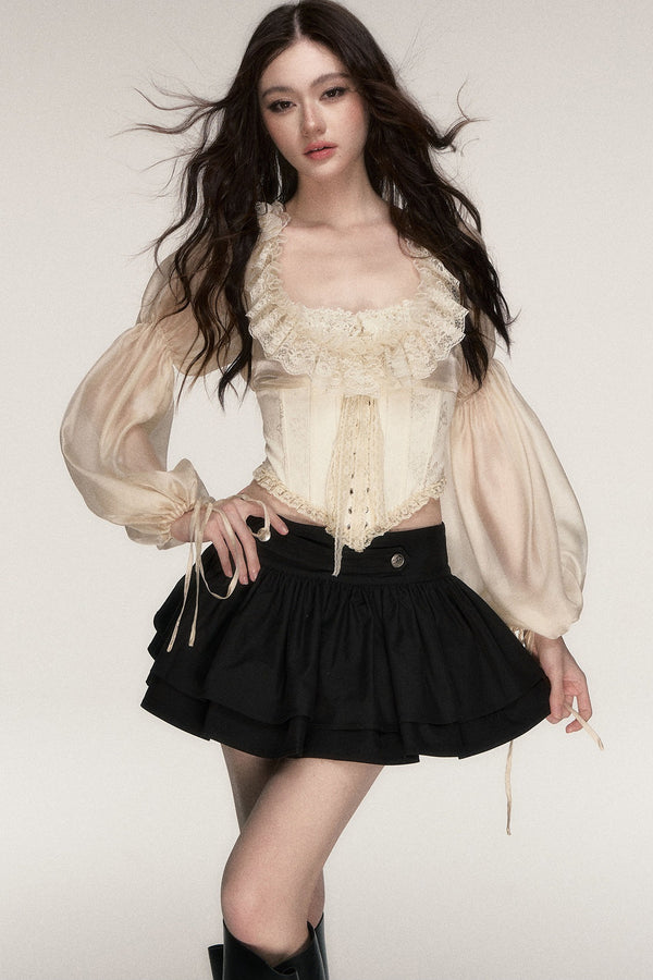 Beige Lace Jacquard Corset Lace-Up Top
