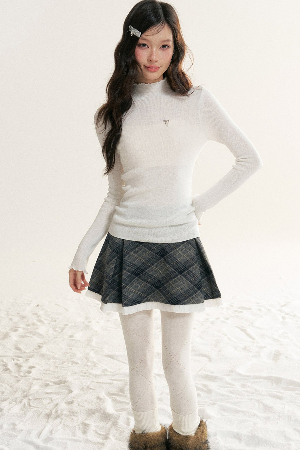 Ruffled Half-Turtleneck Long-Sleeve Base Layer Top